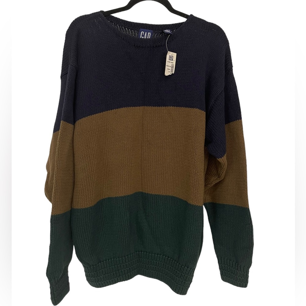 Gap Blue Brown Green Stripped Knit 100% Cotton Sweater M Med Fits Large Y2K